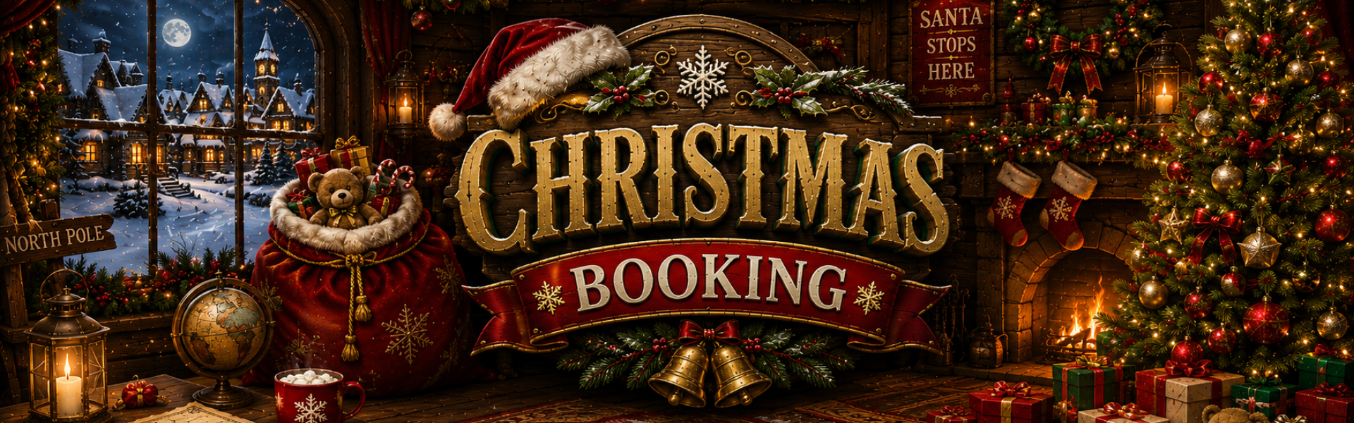 Christmas booking header Christmas escape room booking page featuring a present filled Santa's cabin at Extremescape
