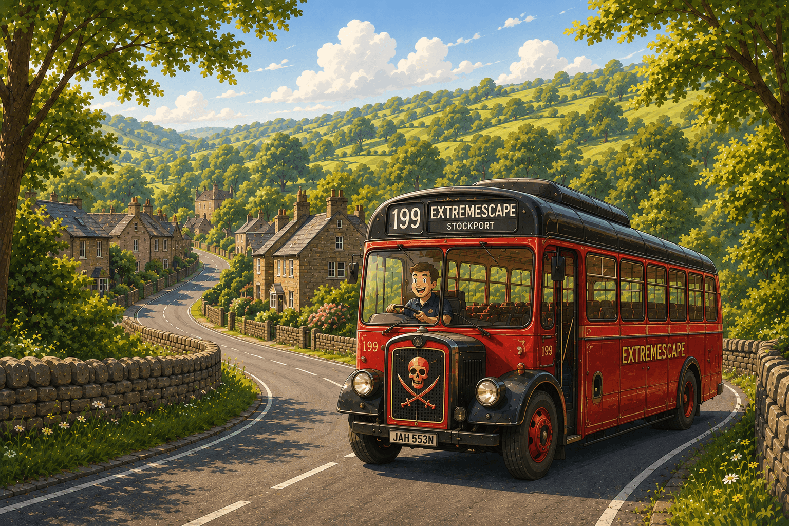 Bus on its way to Extremescape escape rooms, easily reached from Stockport