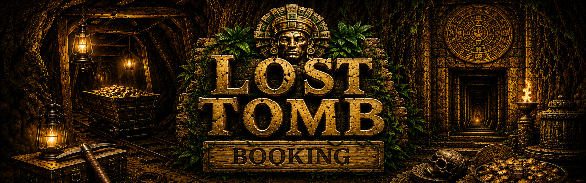 Lost Tomb booking header Lost Tomb escape room booking page featuring a gold mine at Extremescape