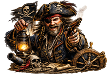 Pirate Booking Pirate with pistol and Jolly Roger