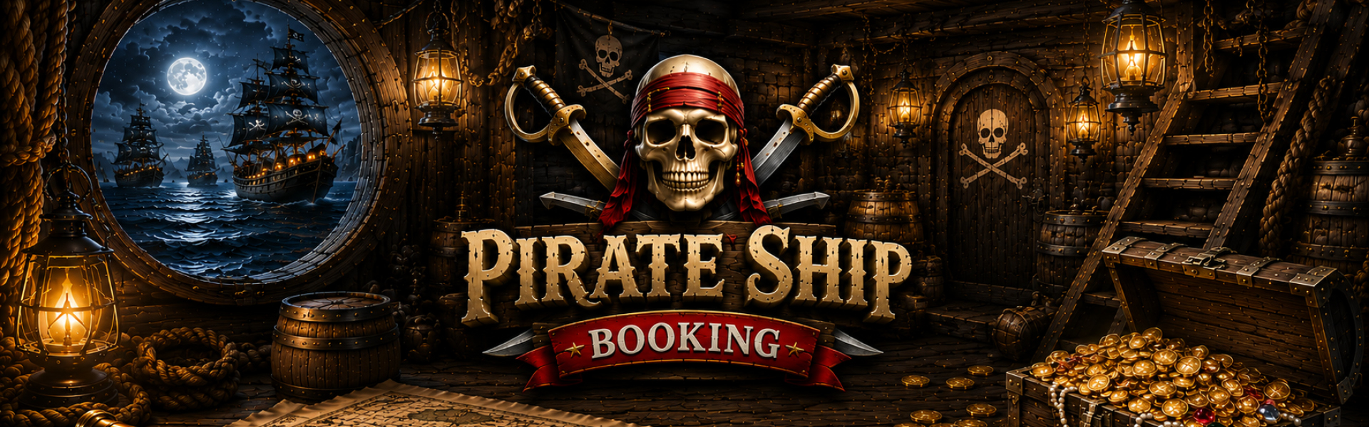 Pirate Ship booking header Pirate Ship escape room booking page featuring a treasure-filled pirate cabin at Extremescape