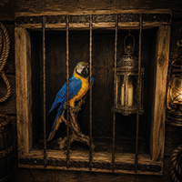 Parrot in a cage inside the Pirate Ship escape room at Extremescape