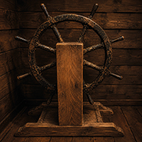 Pirate ship's wheel inside the Pirate Ship escape room at Extremescape