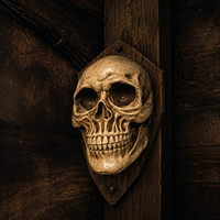 Skull on wall inside the Pirate Ship escape room at Extremescape